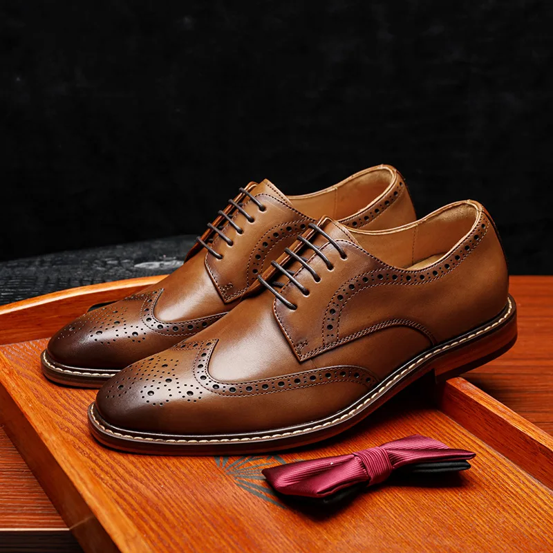Men brogue shoes genuine leather man formal business shoes all match derby handmade cow leather wedding shoes