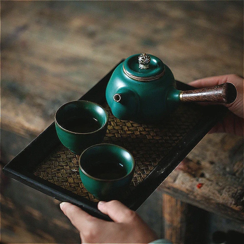 Japanese-style coarse pottery side handle pot antique wooden handle teapot kung fu tea set household teapot lettering retro