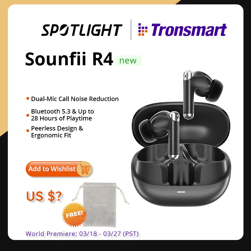 Tronsmart Sounfii R4 Auricolari Auricolari Wireless Con Bluetooth 5.3, Riduzione Del Rumore Delle Chiamate Dual-Mic, Riproduzione 26 Ore
