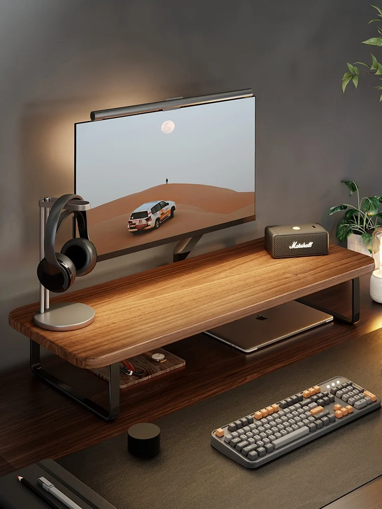 Ergonomic Solid Wood Monitor Stand-Adjustable Desktop Riser For Home Office & Gaming Setup-Laptop Shelf With Storage Space