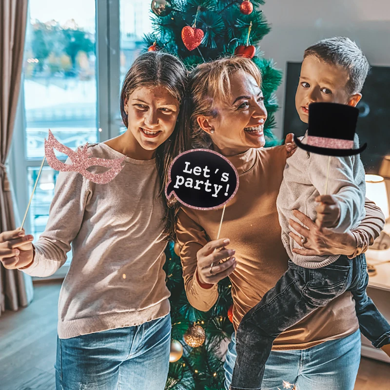Description Picture 6 of item30/26pcs Birthday Photo Booth Props Glitter Mask Hat Mustache Lip PhotoBooth Props for Adult Men Women Birthday Party Decoration