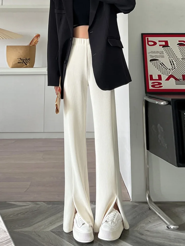 Large Apricot Plush Wide Leg Pants For Women Autumn And Winter Plump High Waist Straight Tube Split Micro Flared Pants,