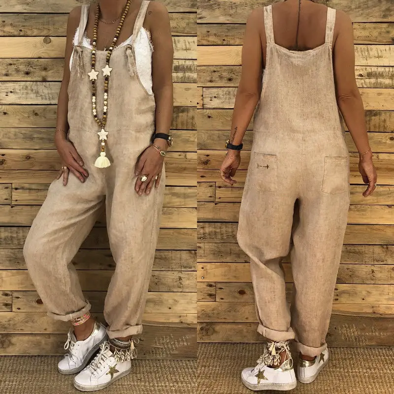 

Women Loose Casual Bib Overalls Cotton Linen Rompers Long Jumpsuits Solid Strappy Pockets Dungarees Plus Size