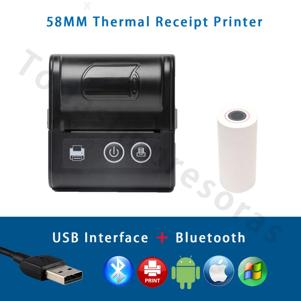 Mini imprimante thermique Bluetooth portable pour téléphone, IOS, Android,  ordinateur, PC, USB, 58mm