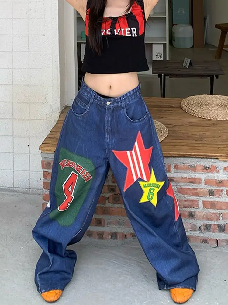 American Style Jeans Big Size Heavy Sticker Fabric Wide Leg Mopping High Waisted Jeans Men and Women Trendy Hip Hop Gothic Pants