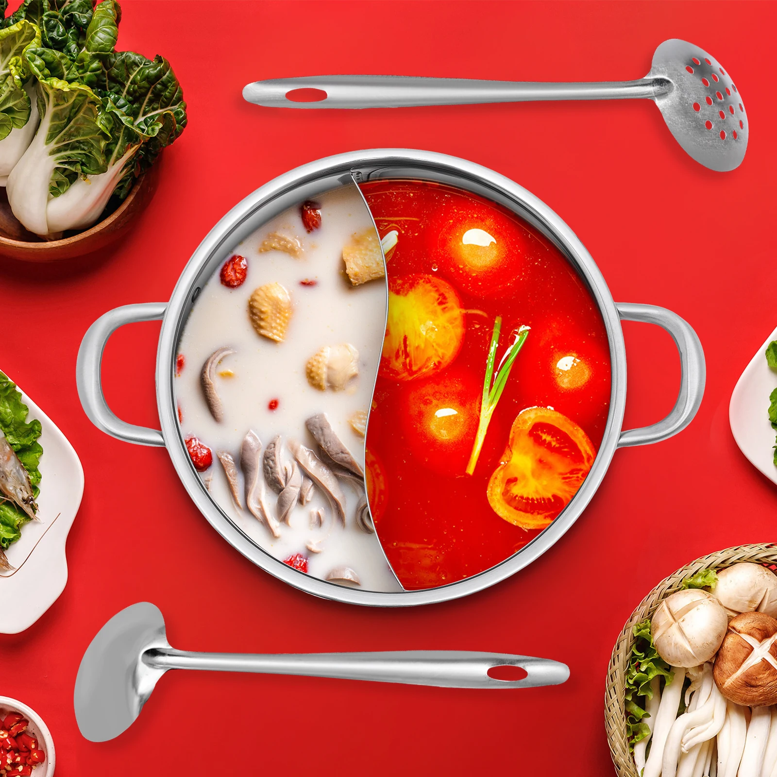 26cm Divided Hot Pots Stainless Steel Fondue Induction Shabu Shabu Pot with Divider Double-flavor Hot Pot Cooking for Kitchen