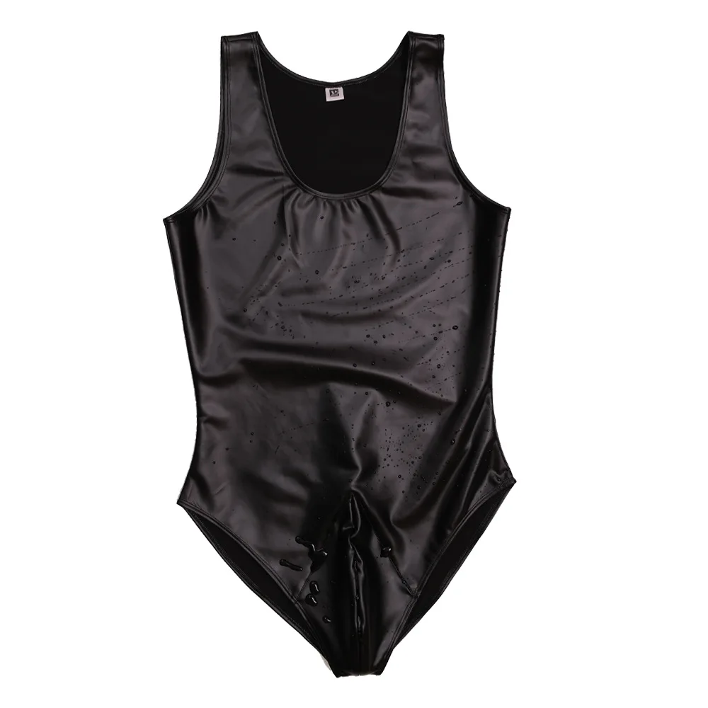 Men Sexy Leotard Faux Leather One Piece Swimsuit Slim Tight Corset High Elastic Stretchy Stylish