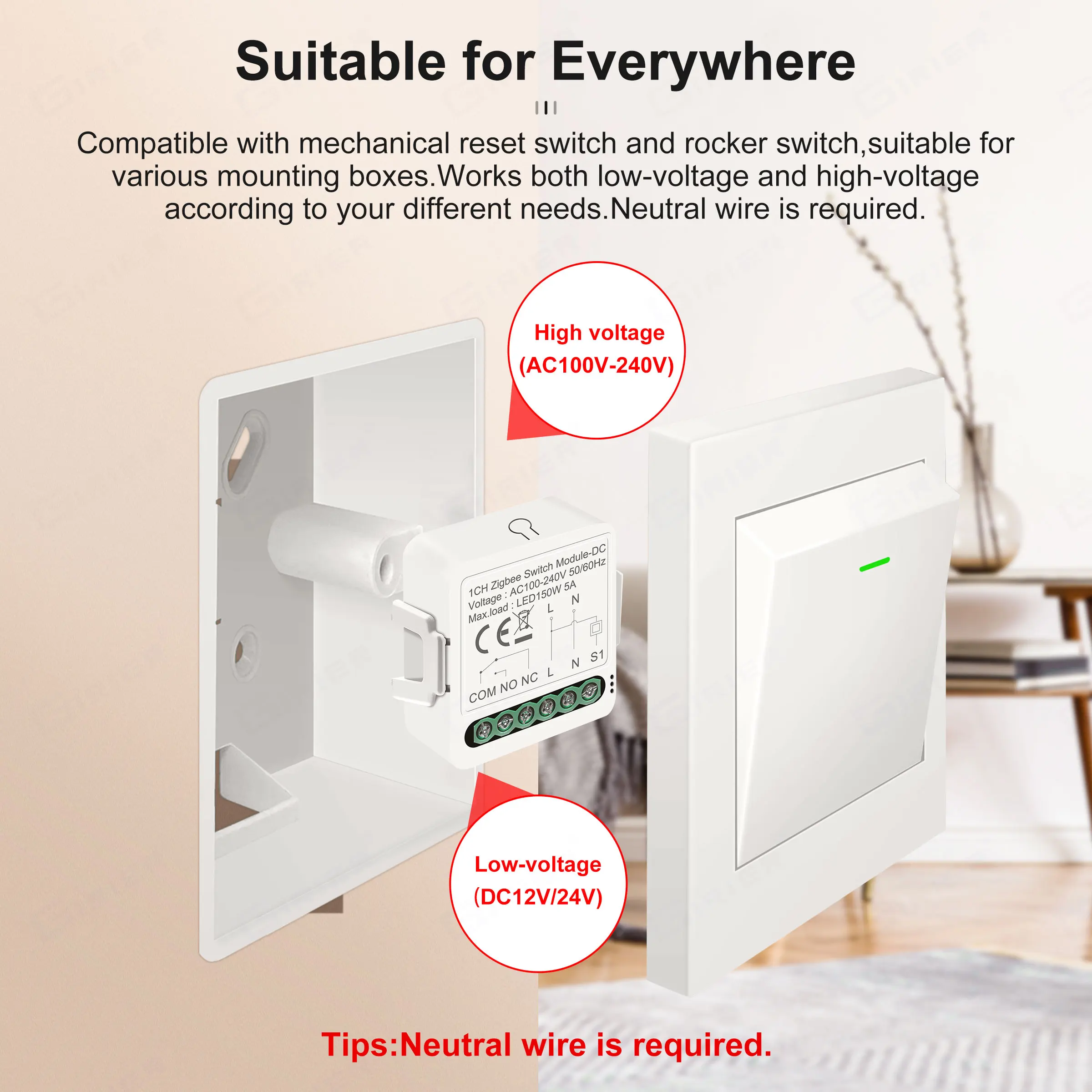 GIRIER Smart ZigBee Switch Module Dry Contact 5A Smart Home DIY Breaker Relay DC 12/24V AC 100-240V Works with Alexa Hey Google smart switch smart light switch