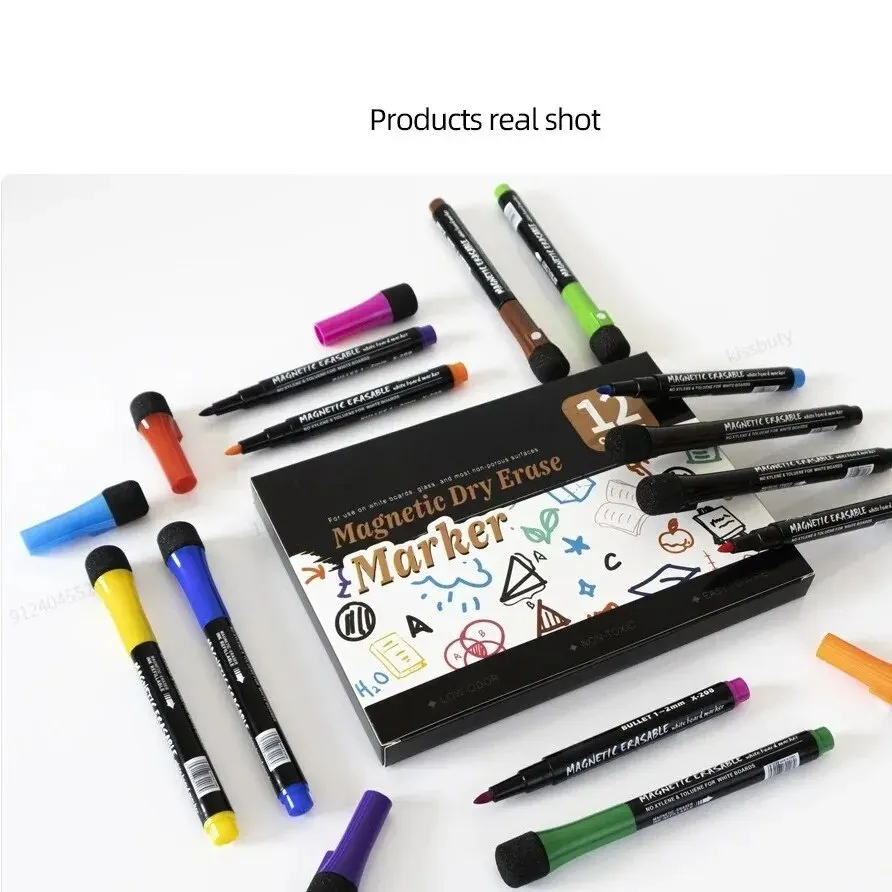 12 Colors Band Magnetic Whiteboard Marker Erasable Water-Based Marking Pen Eraser Student Drawing Pen Stationer color marker pens,pen marker,marker pens,whiteboard pens,dry erase markers