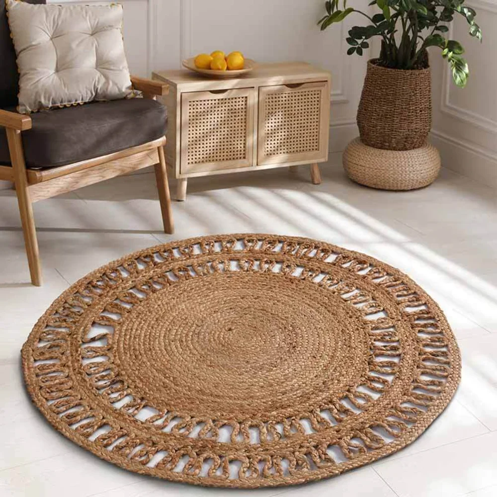 

Natural Jute Hand Braided Round Carpet Bedroom Area Rug Reversible Modern Hallway Floor Mat Home Living Room Decor Outdoor Rug