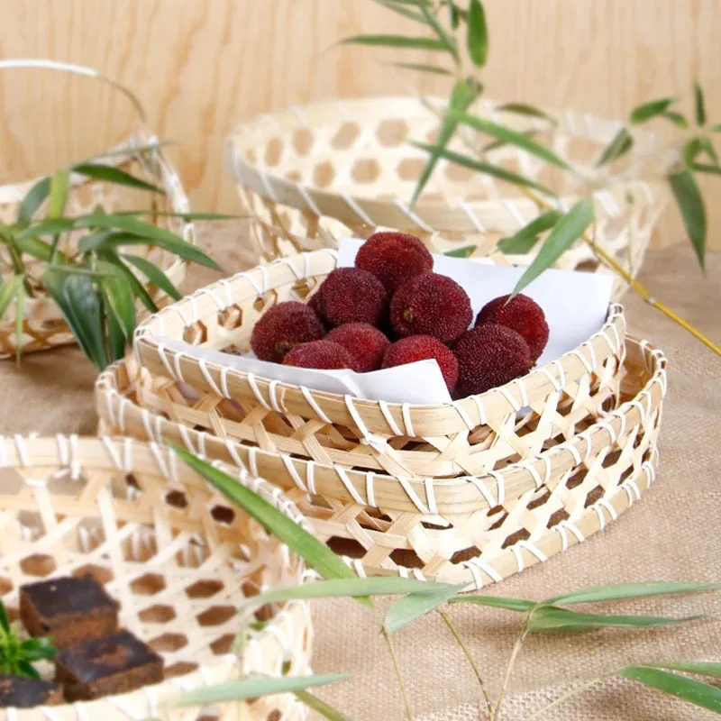 

Бамбуковая плетеная корзина, настольная корзина для хранения, сливная корзина для фруктов, органический Органайзер, кухонная корзина