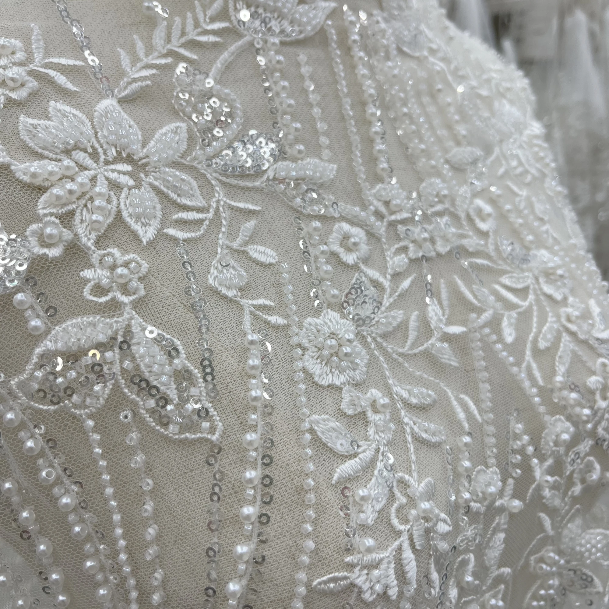 

New Exquisite Rayon Embroidery Sequins Beads Lace Fabric Wedding Dress Private Customized Fabrics