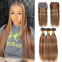 Mèches naturelles lisses à reflets 12A, avec Closure, blond miel, 100% cheveux bruts vierges birmans 1