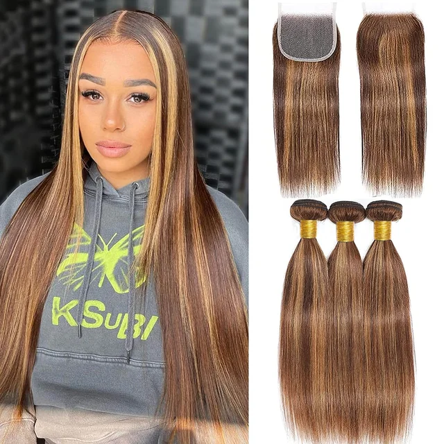 Mèches naturelles lisses à reflets 12A, avec Closure, blond miel, 100% cheveux bruts vierges birmans 1
