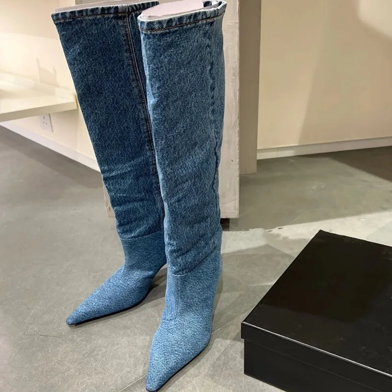 

Pre-sale Blue Denim Knee High Boots For Women Slim Fit Stretch Jeans Pointy Toe Thin Heels Autumn Winter Long Boots Runway Shoes