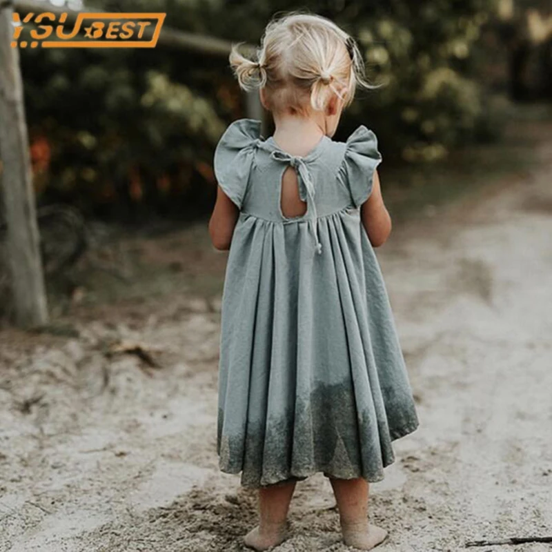 Girls Dress Summer Toddler Princess Cotton Causal Ruffles Pure Color Korean Japan Style