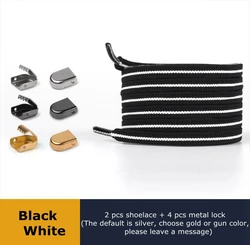 Elastic No - Tie Flat Shoelaces with Metal Lock - 24 Vibrant Colors - 100cm (Black White)