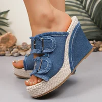 Blue Denim Wedge Heel Sandals for Women Summer Fashion Double Buckle Chunky Platform Sandals Woman Gothic Thick Bottom Slippers - Image 3