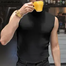 

Handsome New Men Fashion Knit Vests Male Holiday Solid Color Casual Streetwear Style High Neck Waistcoat S-5XL INCERUN Tops 2022