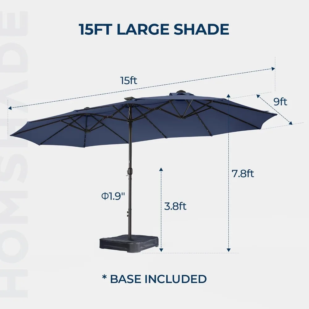Double Sided Patio Umbrellas - 15ft Solar Lights LED Lighted Outdoor Extra Large Market Table Umbrella with Base Included, Overs 5