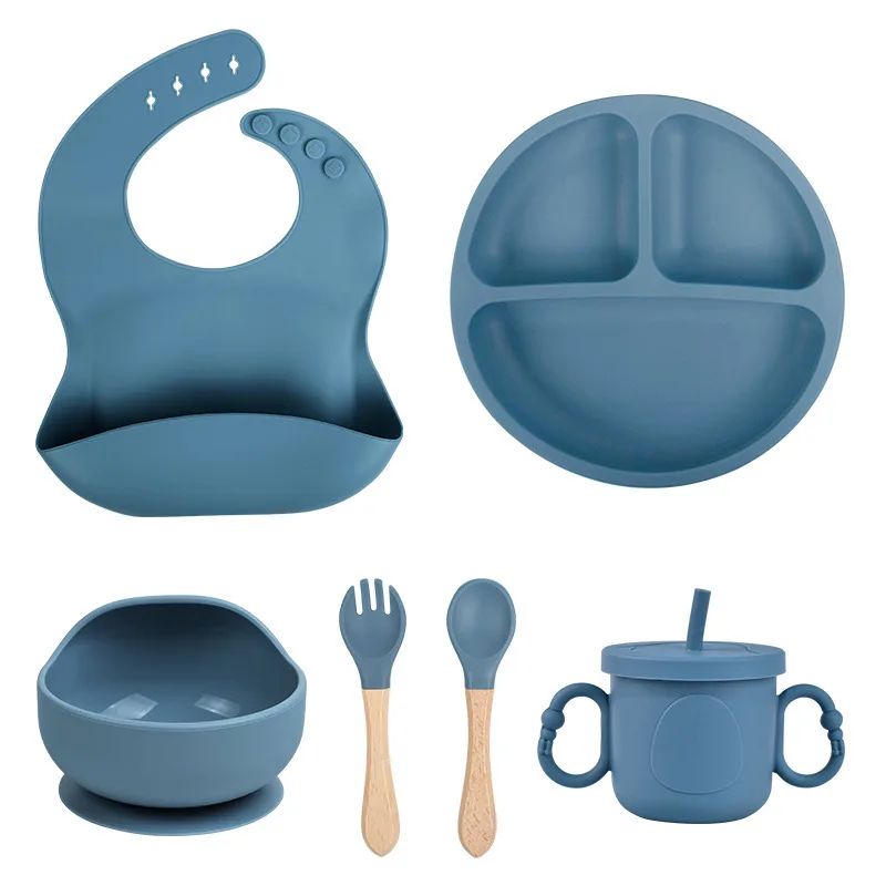 Zackoo 6PCS Silicone Children Tableware Sucker Bowl Dishes Kids Waterproof Bib Children's Tableware Straw Cup Baby Feeding Set