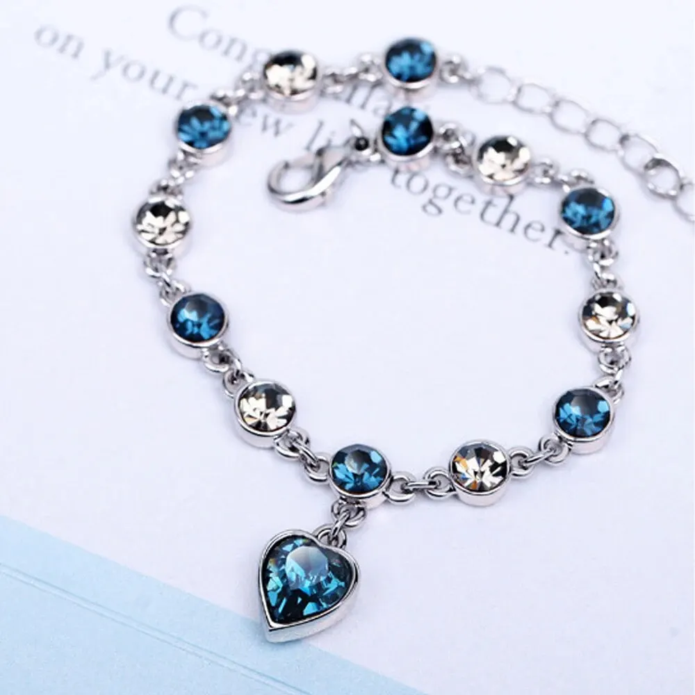 Women Lucky Bracelet Blue Crystal Heart Charm Bridal Wedding Engagement Fine Jewelry Gift