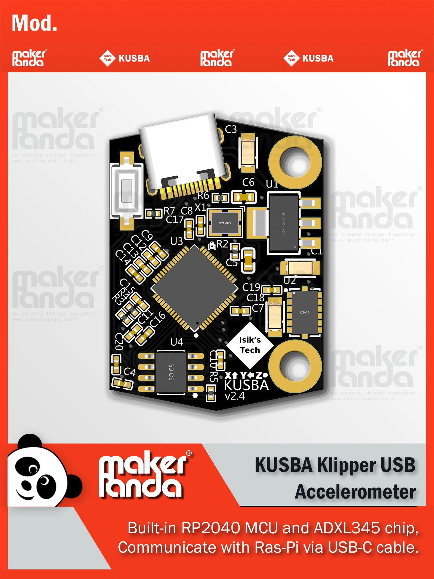 

makerPanda KUSBA USB ADXL 345 Accelerometer PCB v2.4 for Klipper Designed by Xbst and Isik’s Tech for DIY 3D Printer or Voron