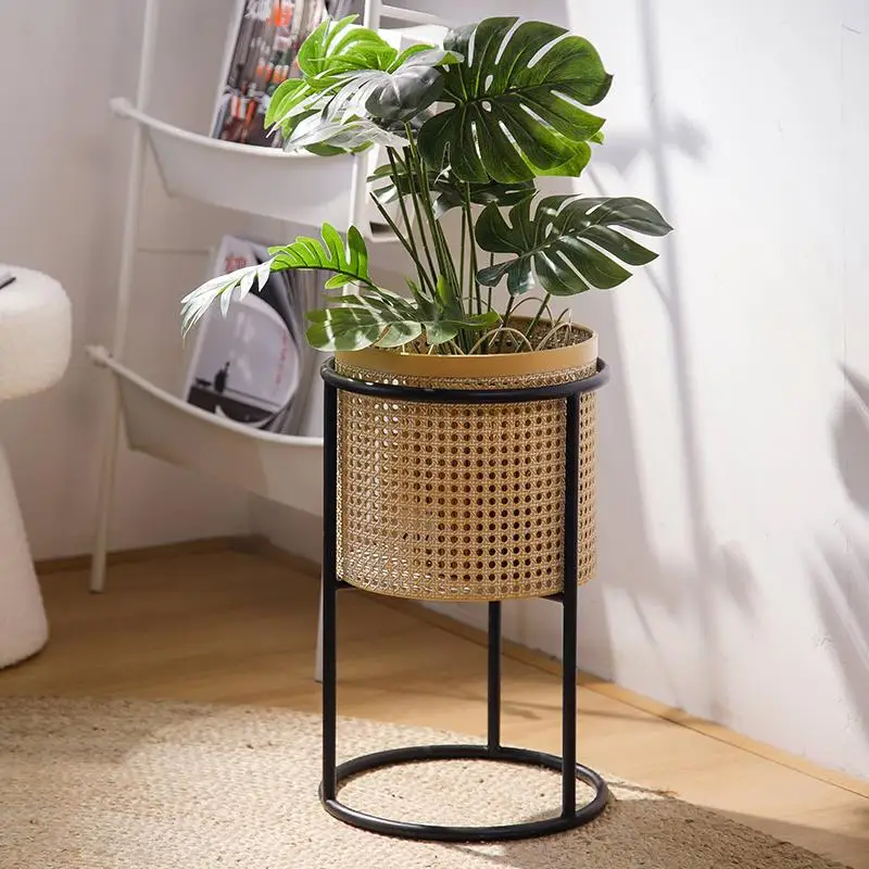 Imitation Wicker Flower Rack Iron Plant Basket Living Room Balcony Plant Holder Contemporary Greenery Display Flower Organizer