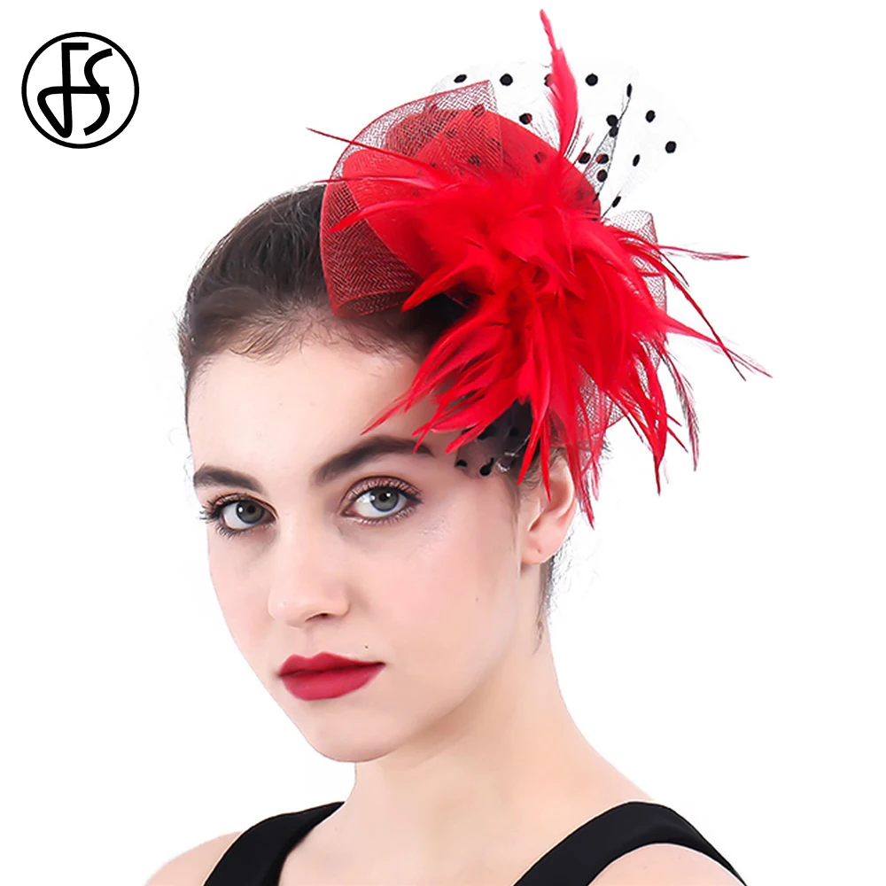 FS Red Kentucky Hats For Children With Feather Wedding Cocktail Tea Party Hair Clip Fascinators