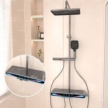 Set doccia da bagno grigio Set di sistemi di docce con display digitale Set di soffione doccia con luce ambientale bianco latte Set da bagno moderno 1