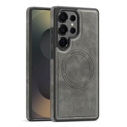 Premium Magsafe Leather Magnetic Phone Cover with Anti - Fall Bumper - Samsung S24Ultra (GRAY)