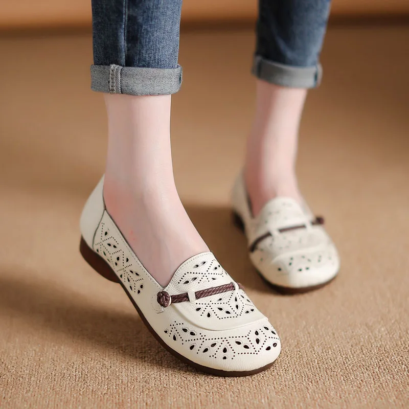 DRKANOL Fashion Shallow Slip-On Loafers Women Flat Shoes Spring Summer Hollow Genuine Leather Soft Bottom Casual Mother Shoes women shoes