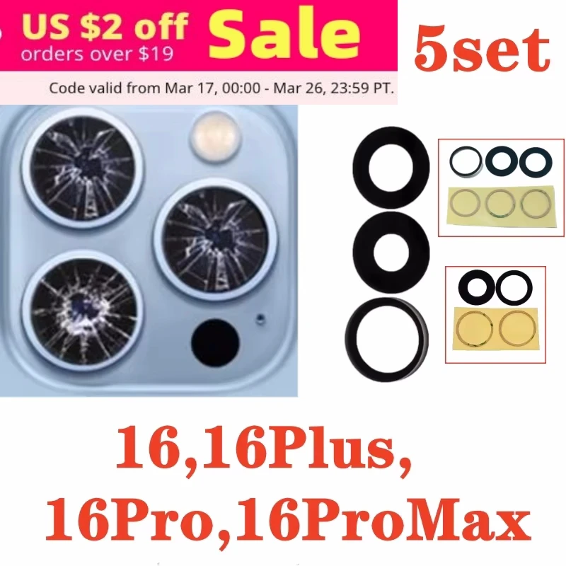 5set Back Camera Glass for iPhone 16 Plus 15 14 Pro Max 12 13 Rear ...