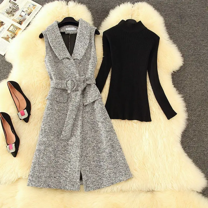 

Женский винтажный элегантный шикарный костюм, свитер, топ и шерстяной жилет, платье, комплект из двух предметов, женская модная одежда, одежда 2023
