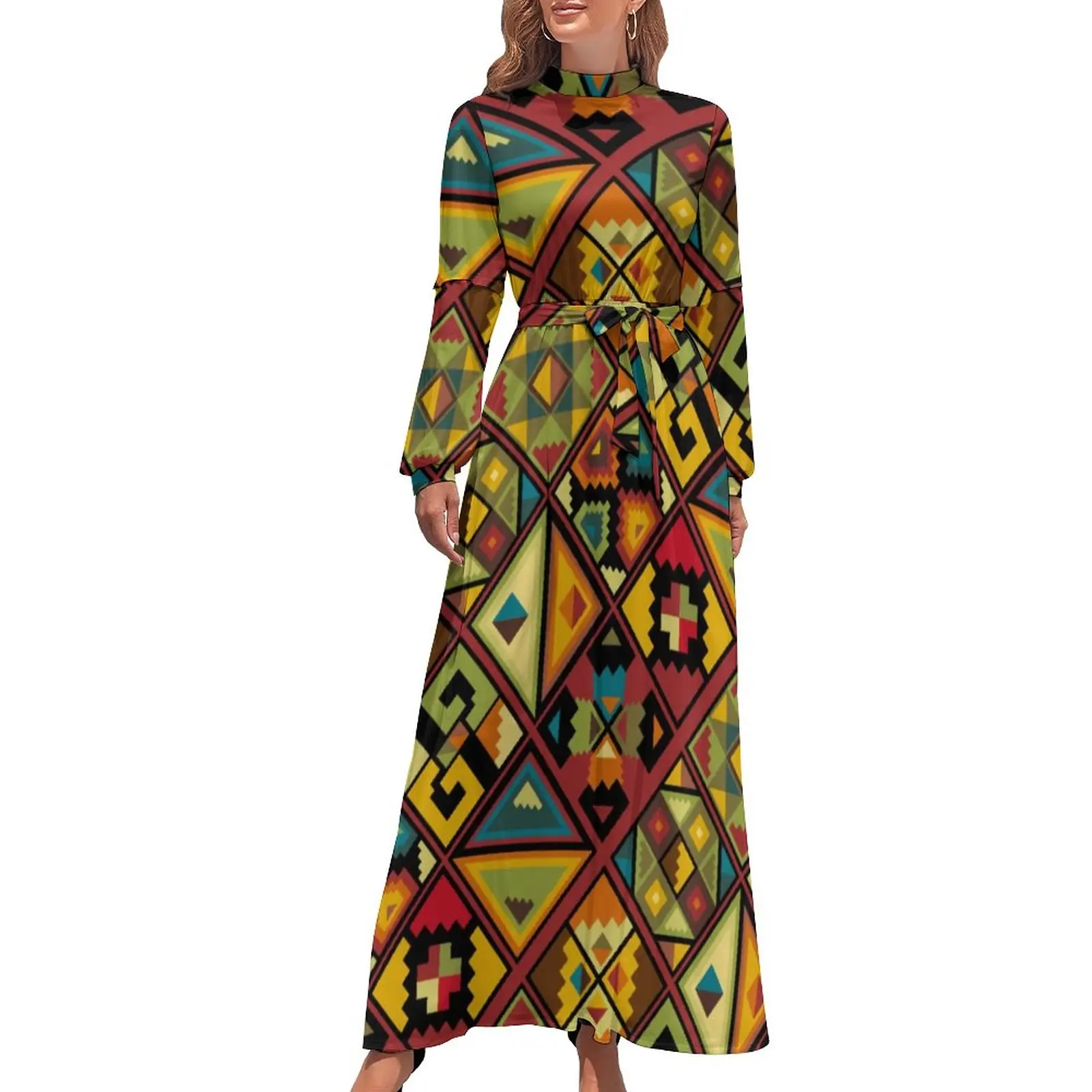 

African Style Dress Colorful Geometry Elegant Custom Maxi Dress High Waist Long Sleeve Korean Fashion Bohemia Long Dresses