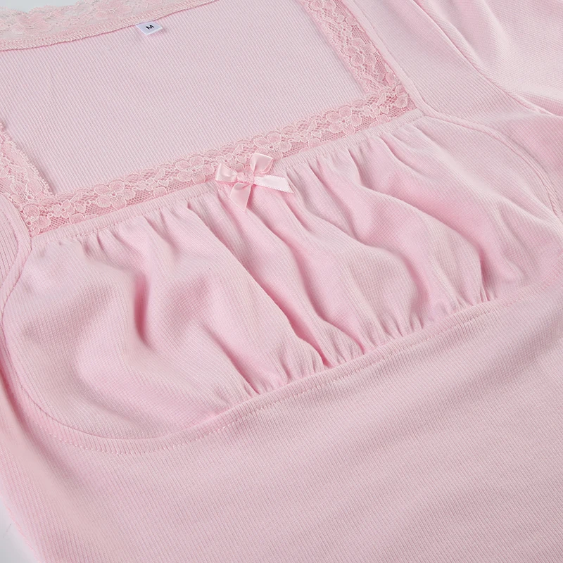 Japanese Kawaii Pink Sweet Bow Long Sleeve Tee Front Ruched Bust Lace Trim Square Collar Slim Balletcore Women T Shirt
