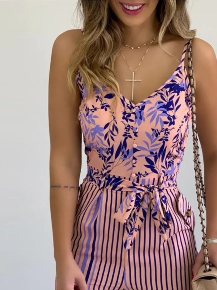 Color Printed Jumpsuits Women Sleeveless Spaghetti Strap V-neck Sexy Leace-up Shorts Jumpsuit 2023 Summer Casual Fashions MsChuh