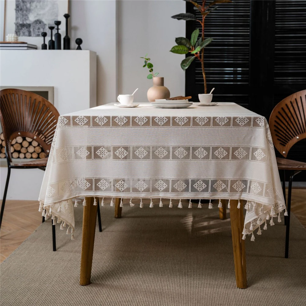 

Crochet Hollow Tablecloth Beige Cotton Fabric Rectangle Tassel Table Cloth for Table Living Room Home Decoration Cover Cloth