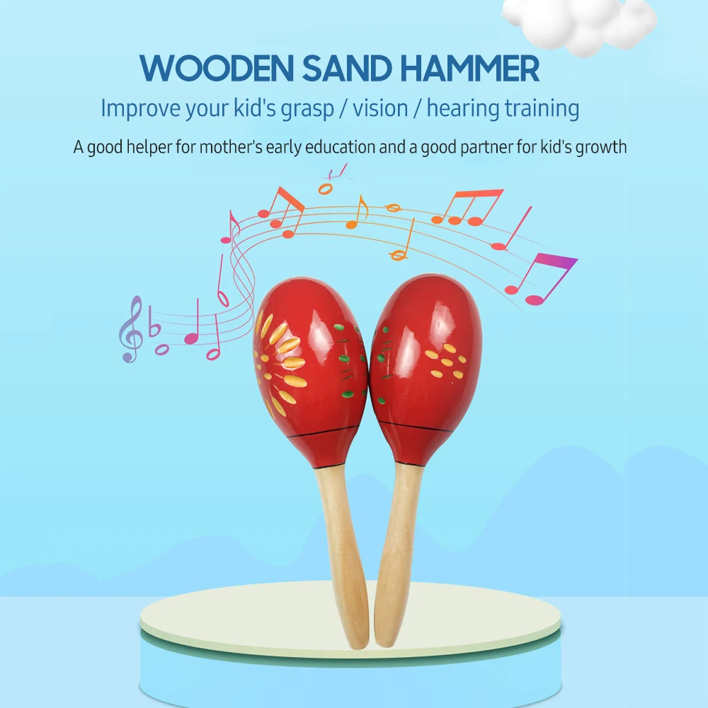 1 Pair Wooden Maracas Sand Hammer Rumba Shakers Rattles Sand Hammer Percussion Instrument Musical Toy for Children Party Games