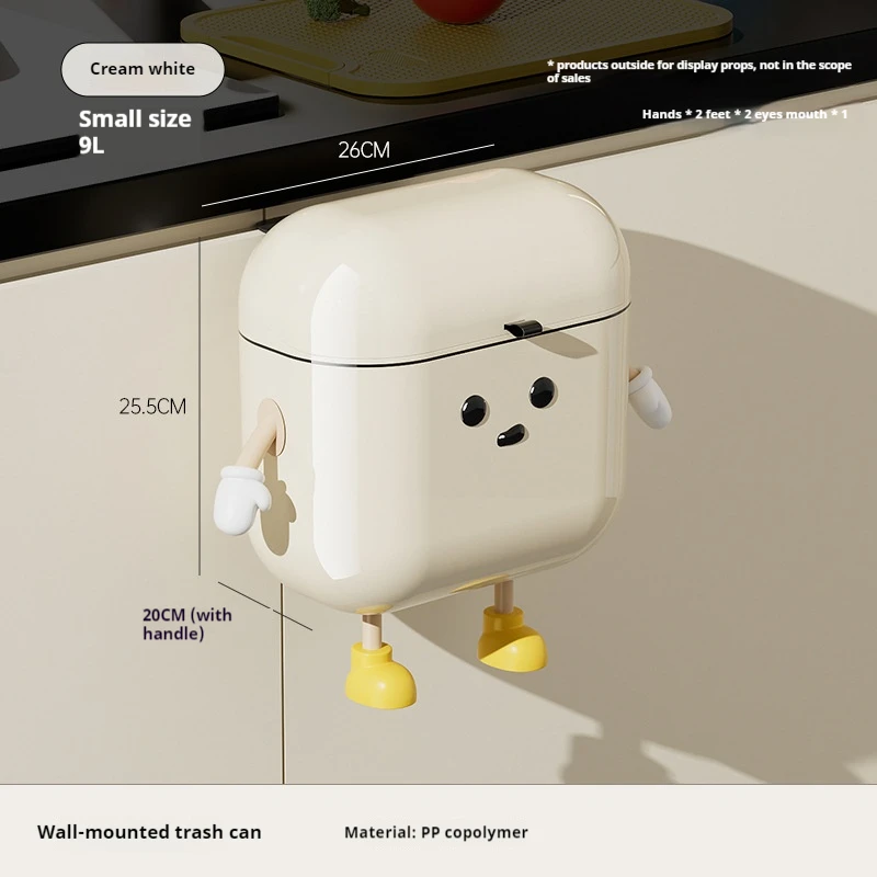 Trash Can 9L/12L Cartoon Hanging Trash Can With Lid Large Capacity No-Drill Wall Mounted Waste Bin Kitchen Bathroom Plastic Includes Hooks