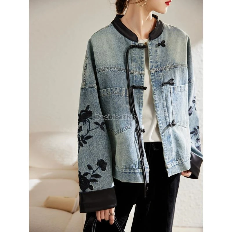 Retro Chinese Style Denim Coat for Women's Spring Casual Daily Wear Fashionable Embroidery Stand Collar Button Top women chinese shirt