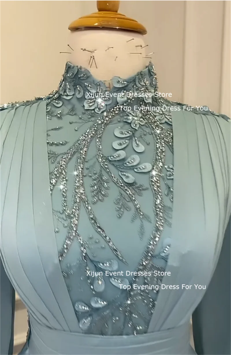 Women Prom Dresses Xijun Modest Green Muslim Evening Dresses Full Sleeves High Collar Prom Dresses Moroccan Kaftan Prom Gowns Dubai Party Gown