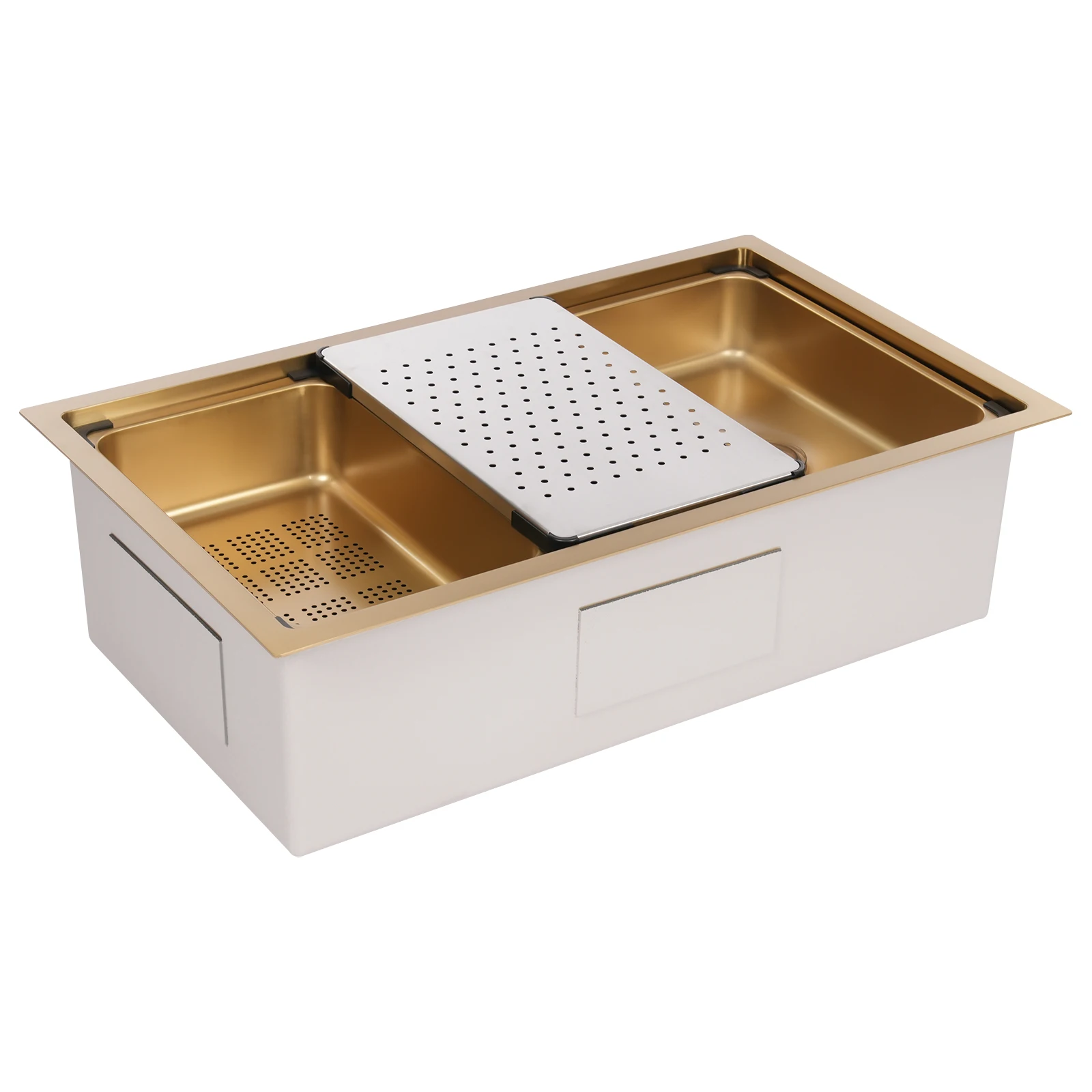 29,92 * 18,03 * 8,66 Zoll Unterbau-Küchenspülen Leiste Workstation Gold-Edelstahlspüle Einzelschüssel mit Entrainingsbrett, Korb – Detail 5