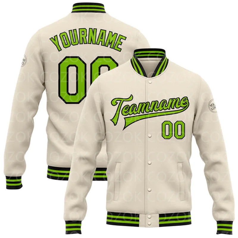 Custom Cream Green Color 3D Printed Baseball Button Jacket Bomber Full-Snap Varsity Letterman Jacket