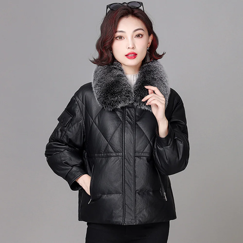 New Women Leather Down Jacket Winter Casual Fashion Warm Fox Fur Collar Drawstring Embossing Loose Sheep Leather Bread Down Coat women s winter cotton coat fashion autumn and winter new long sleeved cardigan stand collar warm casual bread down jacket