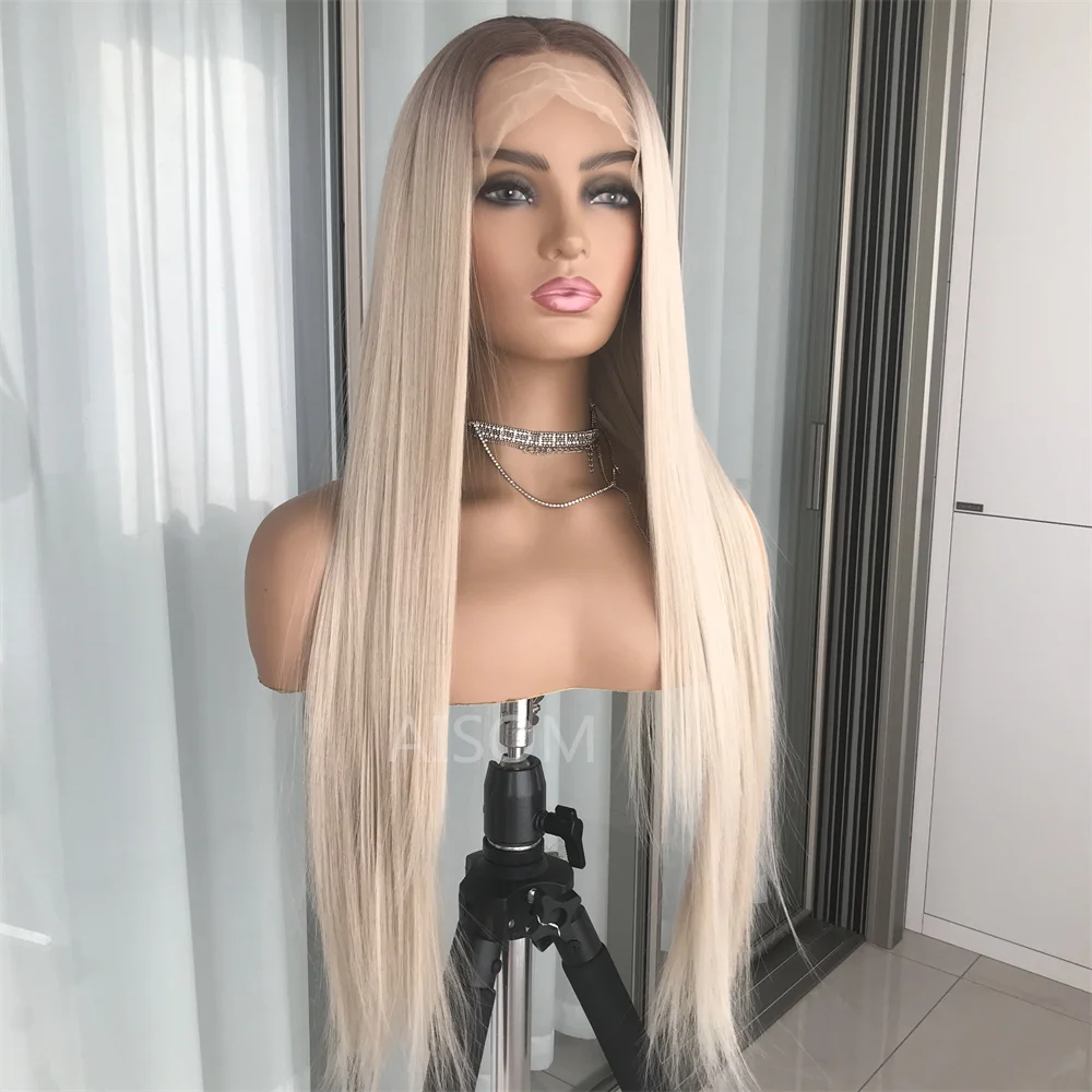 Platinum Ash Blonde Long Straight Lace Front Wig with Brown Roots Pre Plucked Heat Resistant Synthetic Daily Use lace front wig lace wigs womens synthetic wigs synthetic wigs