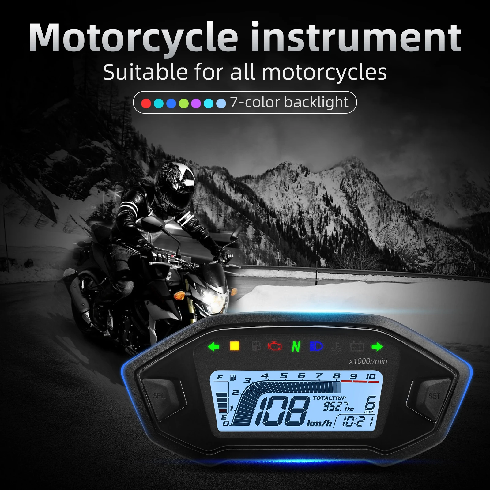 2023 Recém 7 Cores Velocímetro Digital Moto Painel 10000RPM Motocicleta Display LCD Odômetro Tacômetro para 1,2,4 Cilindro