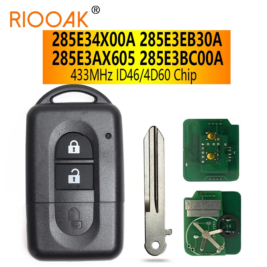 2 Button Car Key Fob Smart Remote for Nissan X-trail Juke Micra NavaraNote Qashqai Keyless Fob ID46/4D60 Chip 433MHz 285E34X00A