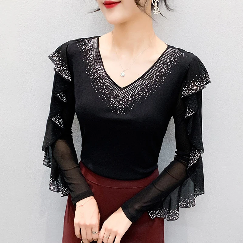 2025 Autumn New Style Mesh Tops Korean Fashion Round Neck Ruffles Shirt Lotus Leaf Edge Hot Diamond Long Sleeve Women T Shirt 3