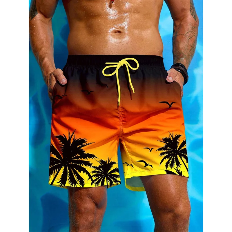 Palm Tree Pattern Beach Shorts Men Gradient 3D Printed Swim Trunks Summer Breathable Short Pants Loose Board Shorts Streetwear 2